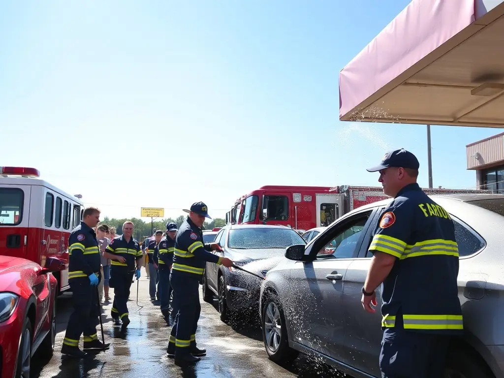 A photograph of firefighters participating in a fundraising event, such as a charity car wash or a community barbecue, with visible community support and engagement.