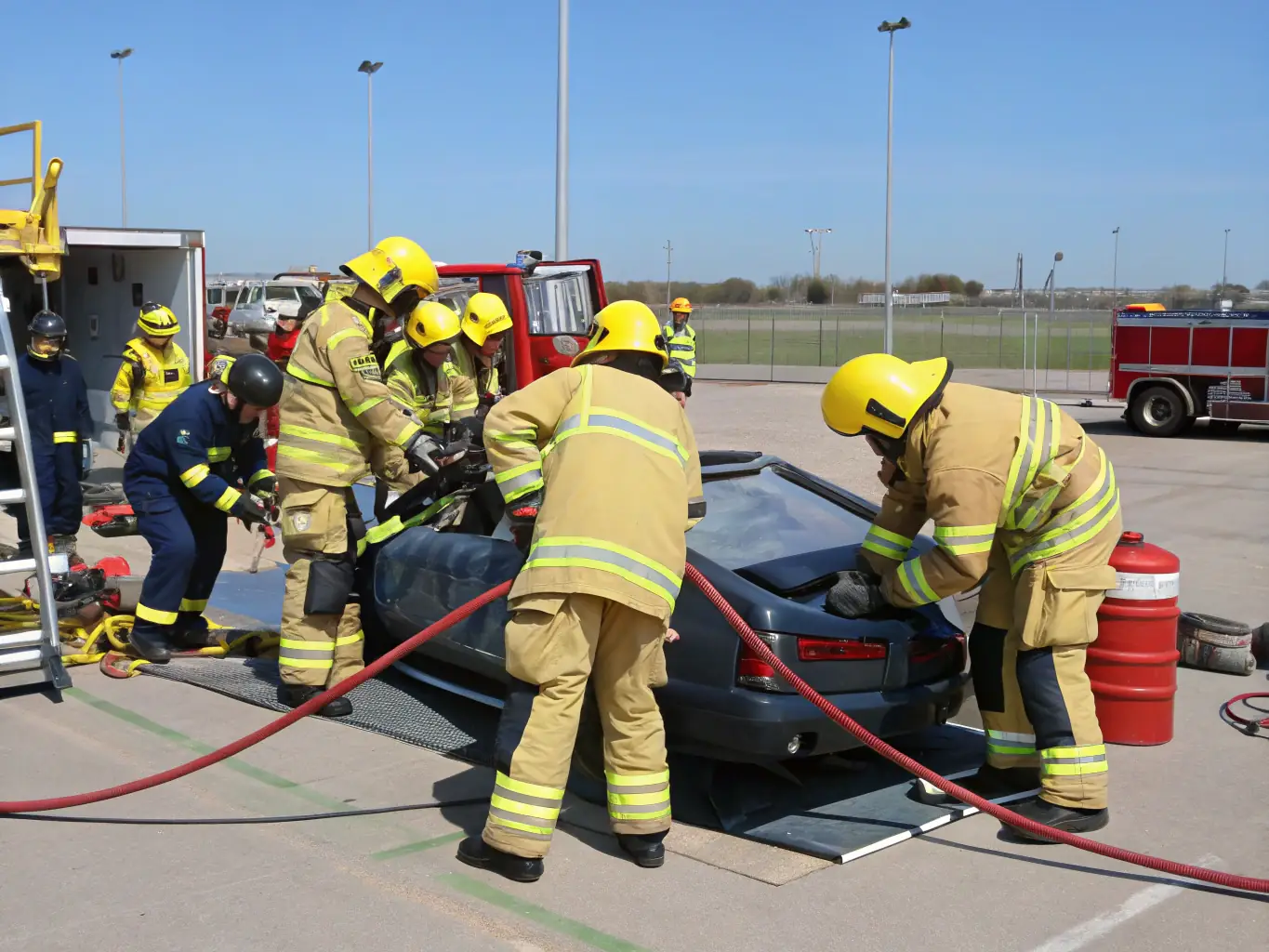 A group of firefighters participating in a training exercise, focusing on teamwork and skill development. The image should convey a sense of camaraderie and dedication.