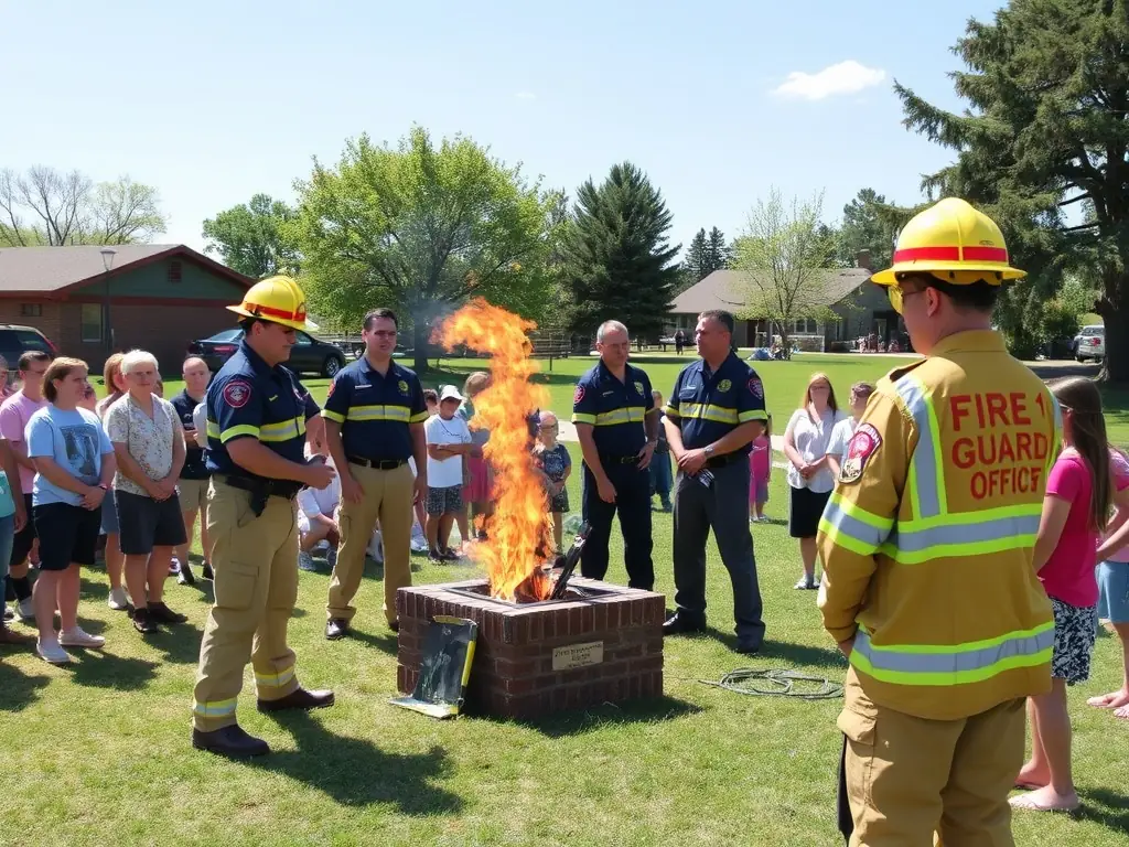 A photograph showcasing firefighters conducting a community outreach event, teaching children about fire safety and prevention, with smiles and engagement visible.