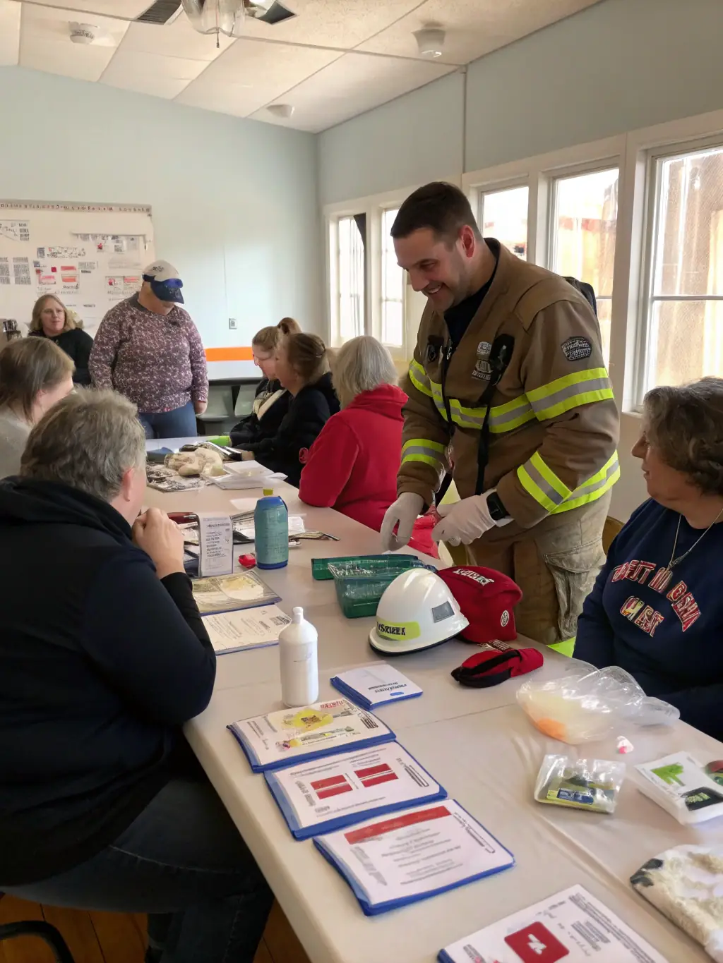 A photo of firefighters providing first aid training to community members, emphasizing the importance of preparedness and community support.