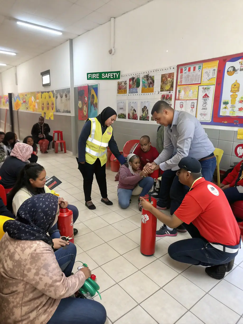 Firefighters from AMICALE DES SAPEURS POMPIERS DE ROUMAZIERES LOUBERT visiting a local school to educate children about fire safety and prevention.