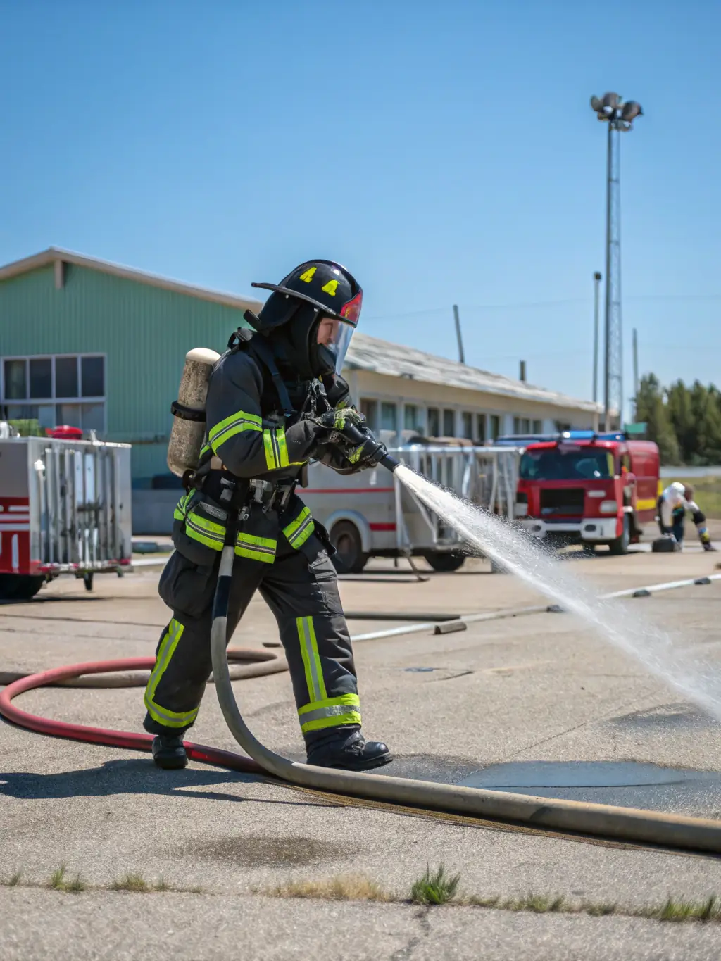 A group of firefighters from AMICALE DES SAPEURS POMPIERS DE ROUMAZIERES LOUBERT participating in a training exercise, simulating a rescue operation in a smoke-filled building.