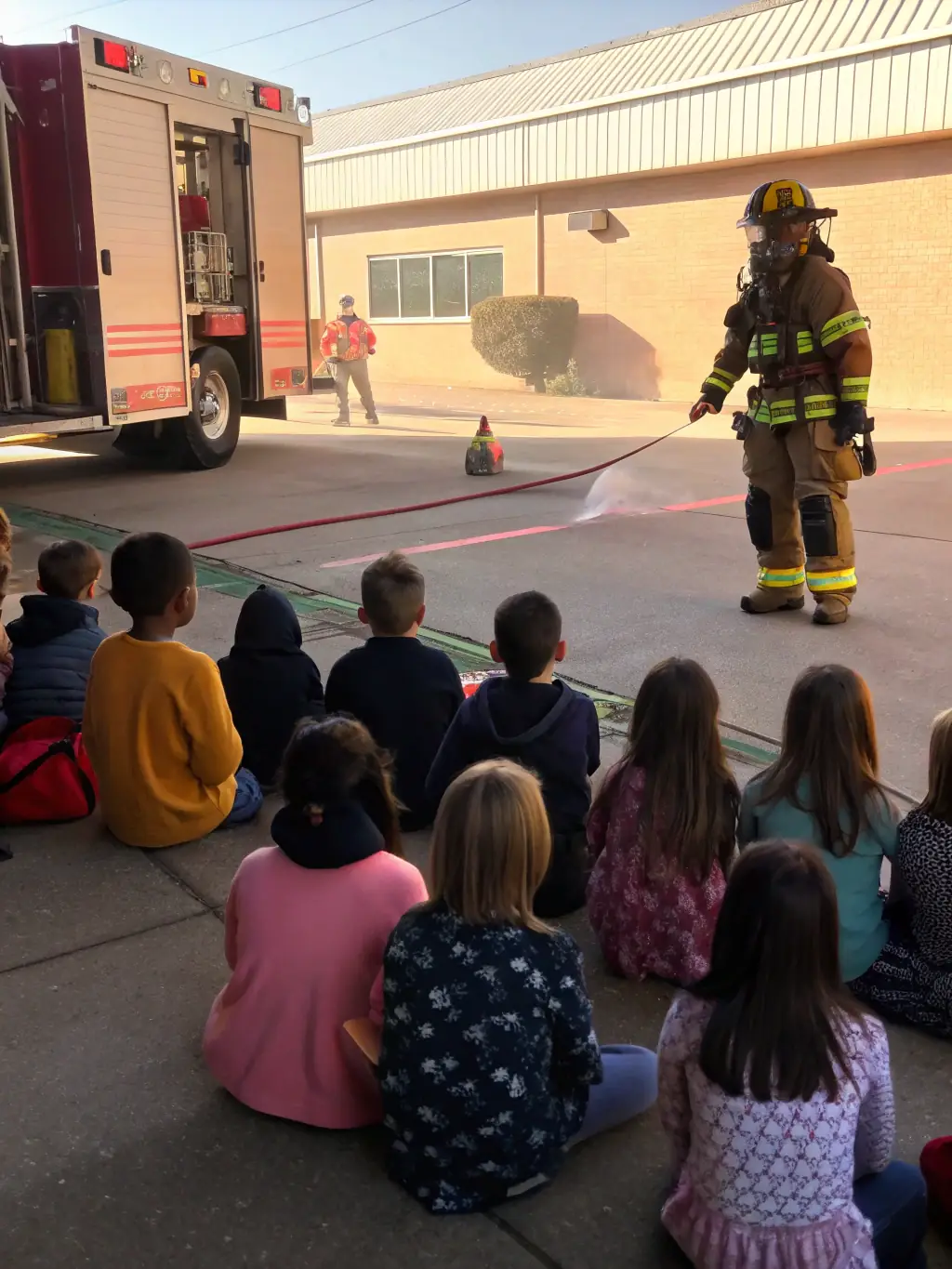 A photo of firefighters engaging in a community outreach event, such as visiting a local school or participating in a public safety demonstration.