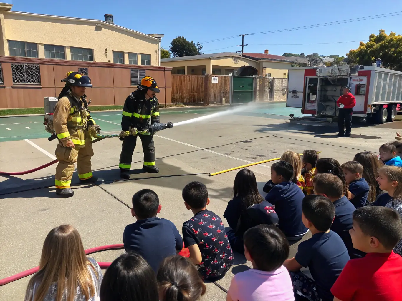 A photo of firefighters conducting a fire safety demonstration for local school children, teaching them about fire hazards and emergency procedures. The image should be engaging and educational.