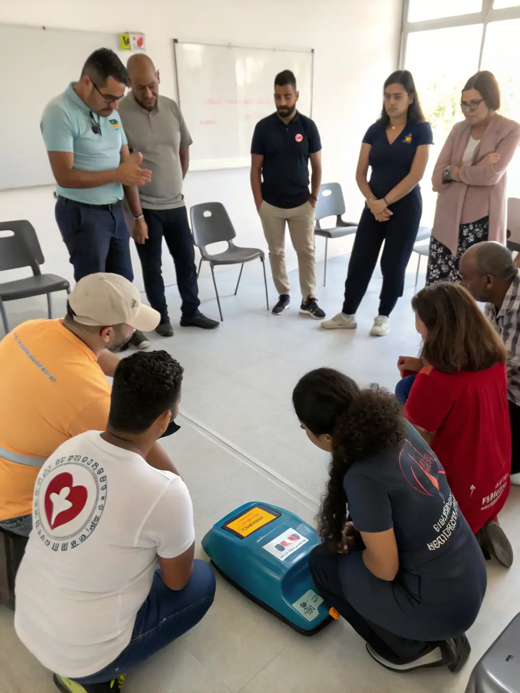 Firefighters from AMICALE DES SAPEURS POMPIERS DE ROUMAZIERES LOUBERT providing first aid training to local community members at a public event.