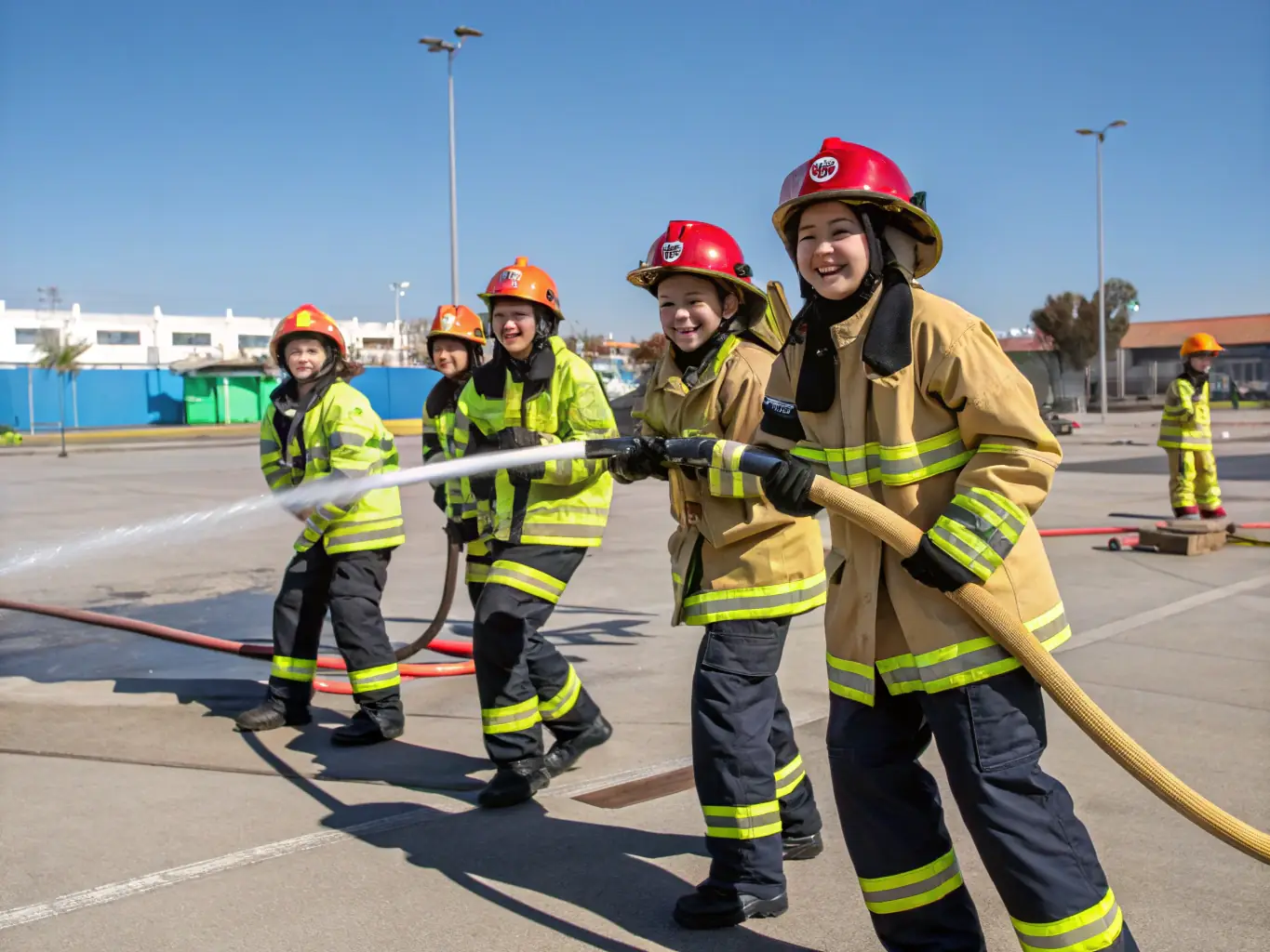A photograph depicting firefighters participating in a training exercise, focusing on teamwork and skill development, set against the backdrop of the Roumazières-Loubert fire station.