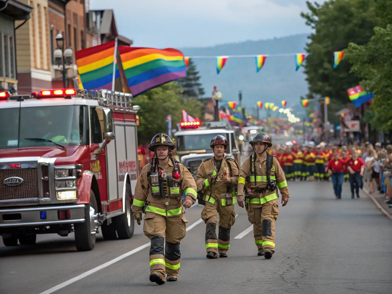 Firefighters participating in a community event, such as a local festival or parade, interacting with residents and showcasing their equipment. The image should reflect community engagement and positive relationships.