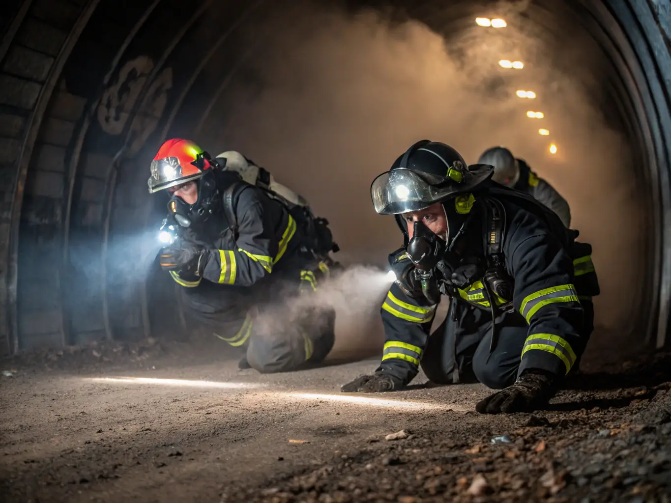 A group of firefighters participating in a training exercise, simulating a rescue operation in a smoke-filled building. The image should convey professionalism, teamwork, and dedication to public safety.