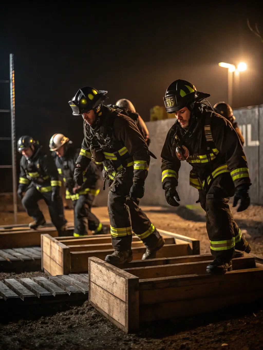 A photo of firefighters participating in a training exercise, focusing on teamwork and skill development, set in a realistic training environment.