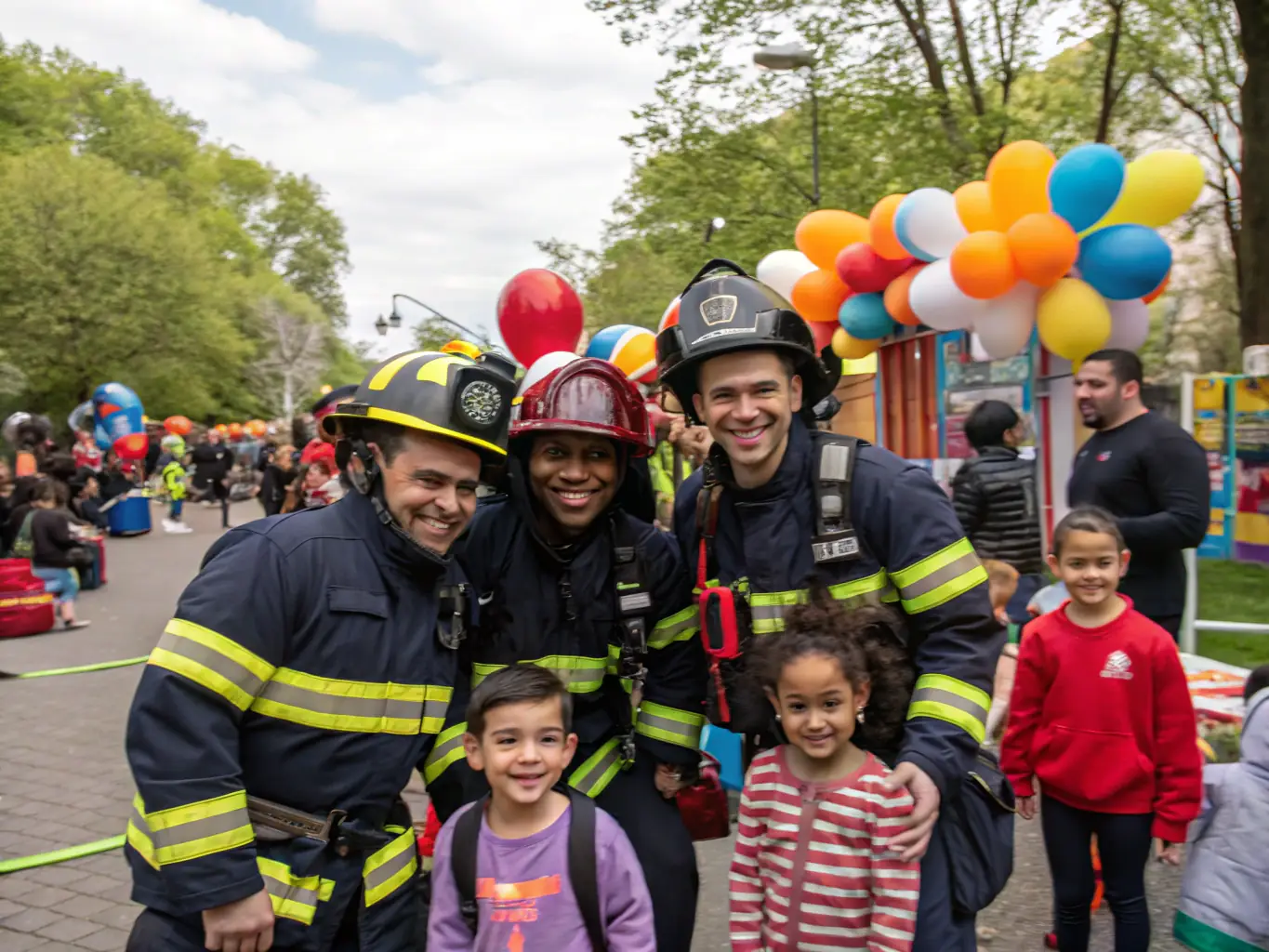 A diverse group of firefighters sharing a meal and laughing together, emphasizing the strong bonds and supportive environment within the organization.